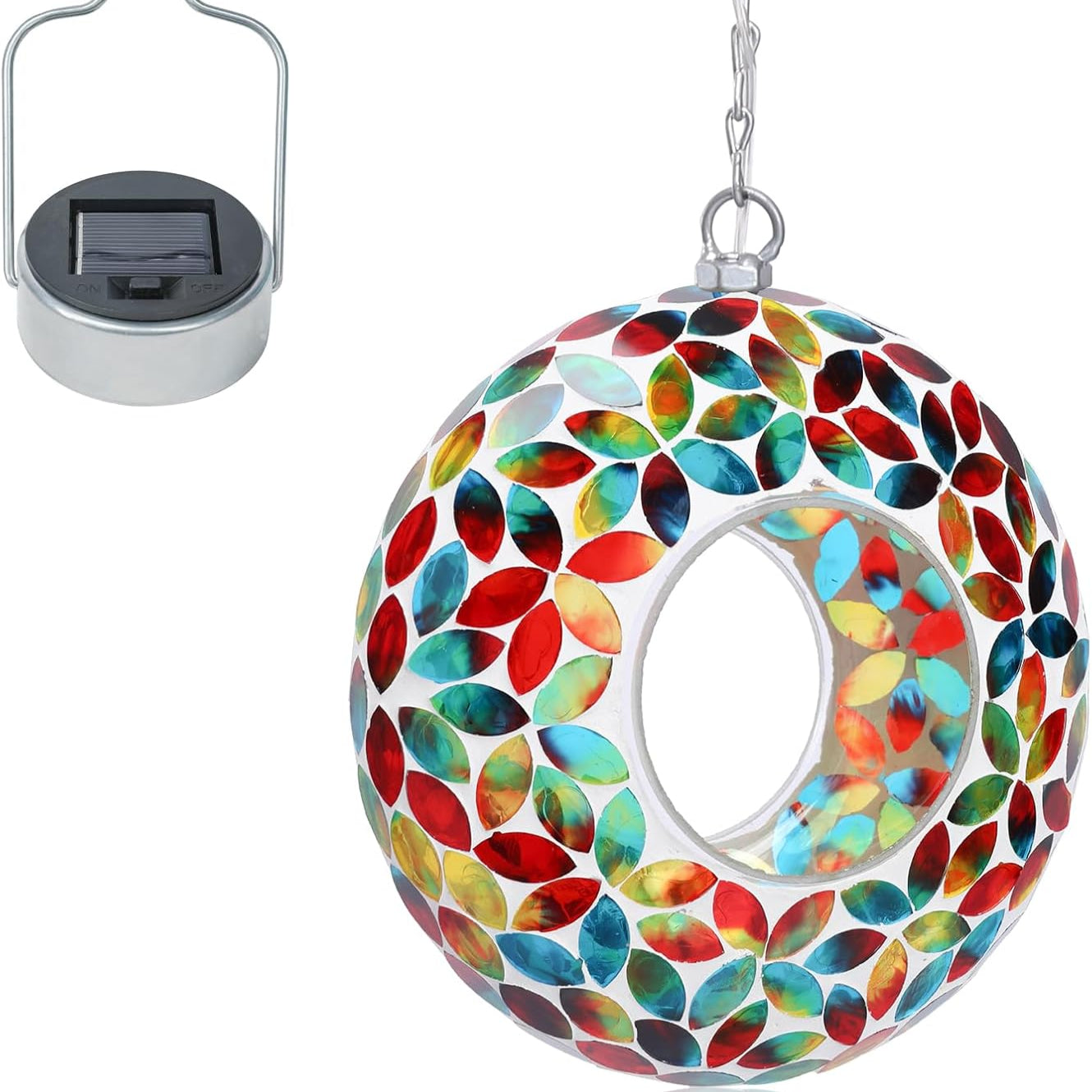 Round Mosaic Glass Seed Feeder with Solar Panel Light