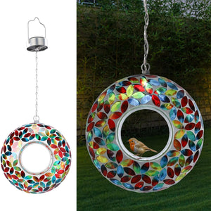 Round Mosaic Glass Seed Feeder with Solar Panel Light