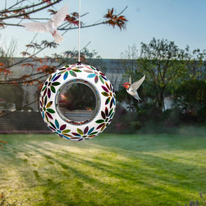 Round Mosaic Glass Seed Feeder with Solar Panel Light