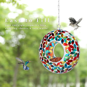 Round Mosaic Glass Seed Feeder with Solar Panel Light
