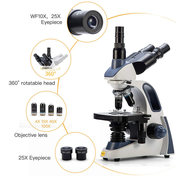 Swift SW380T Trinocular Compound Microscope up to 2500X with 1.3 MP Ca ...