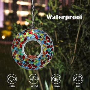 Round Mosaic Glass Seed Feeder with Solar Panel Light
