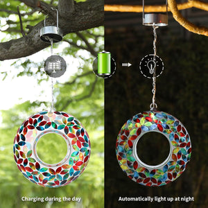 Round Mosaic Glass Seed Feeder with Solar Panel Light