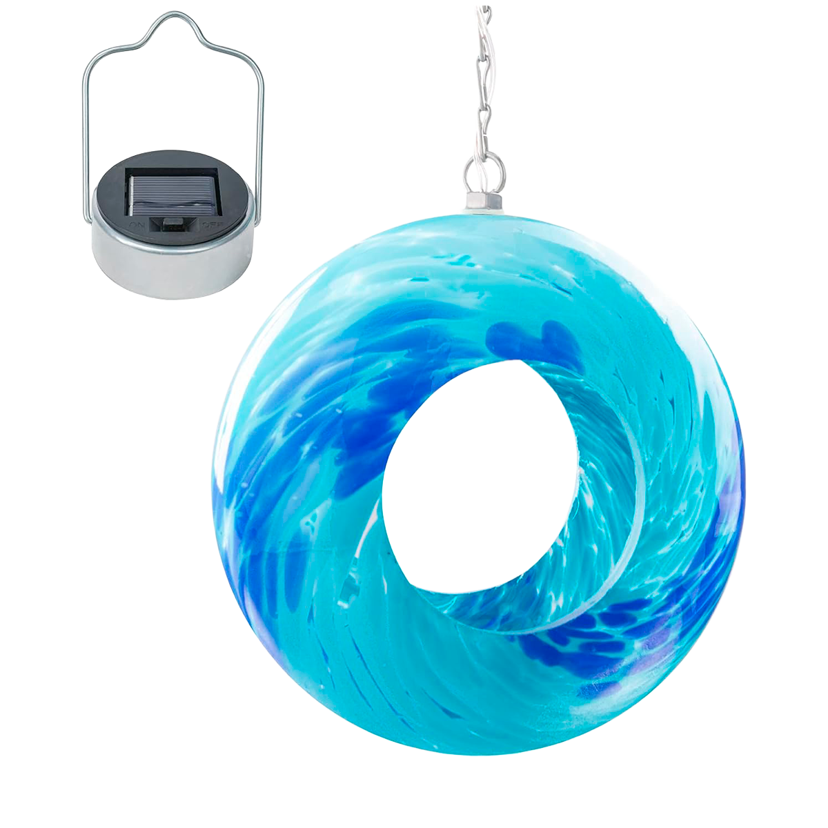 Round Blown Glass Bird Feeder for Granivores with Solar Panel Light