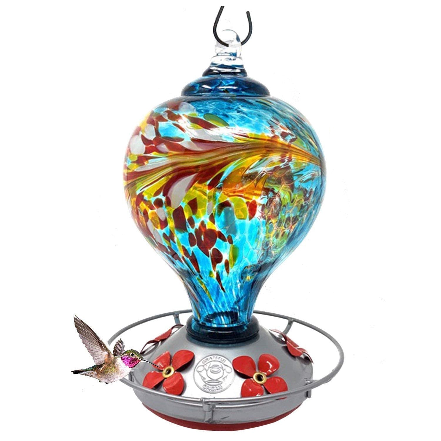 Grateful Gnome Hummingbird Feeder in Blown Glass Fiery Campanile 36 oz
