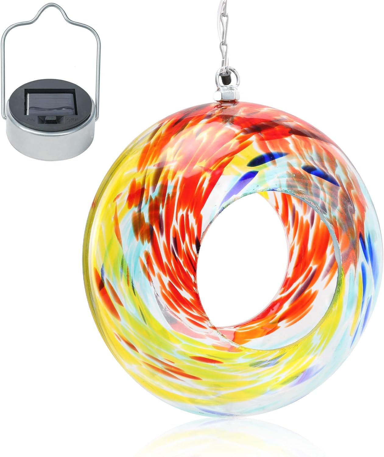 Round Blown Glass Bird Feeder for Granivores with Solar Panel Light