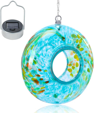 Round Blown Glass Bird Feeder for Granivores with Solar Panel Light