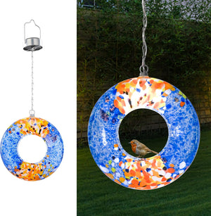 Round Blown Glass Bird Feeder for Granivores with Solar Panel Light