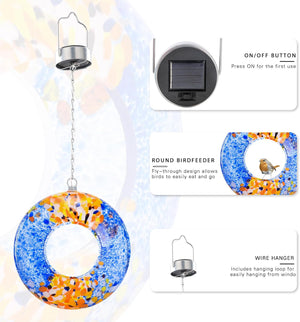 Round Blown Glass Bird Feeder for Granivores with Solar Panel Light
