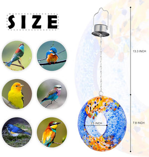 Round Blown Glass Bird Feeder for Granivores with Solar Panel Light