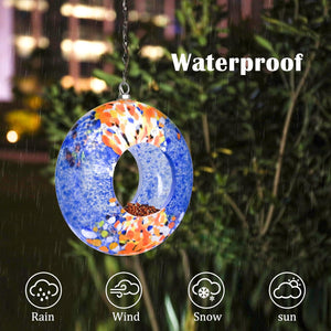 Round Blown Glass Bird Feeder for Granivores with Solar Panel Light