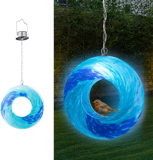Round Blown Glass Bird Feeder for Granivores with Solar Panel Light