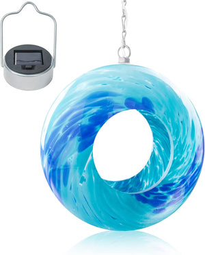 Round Blown Glass Bird Feeder for Granivores with Solar Panel Light