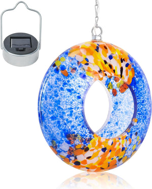 Round Blown Glass Bird Feeder for Granivores with Solar Panel Light