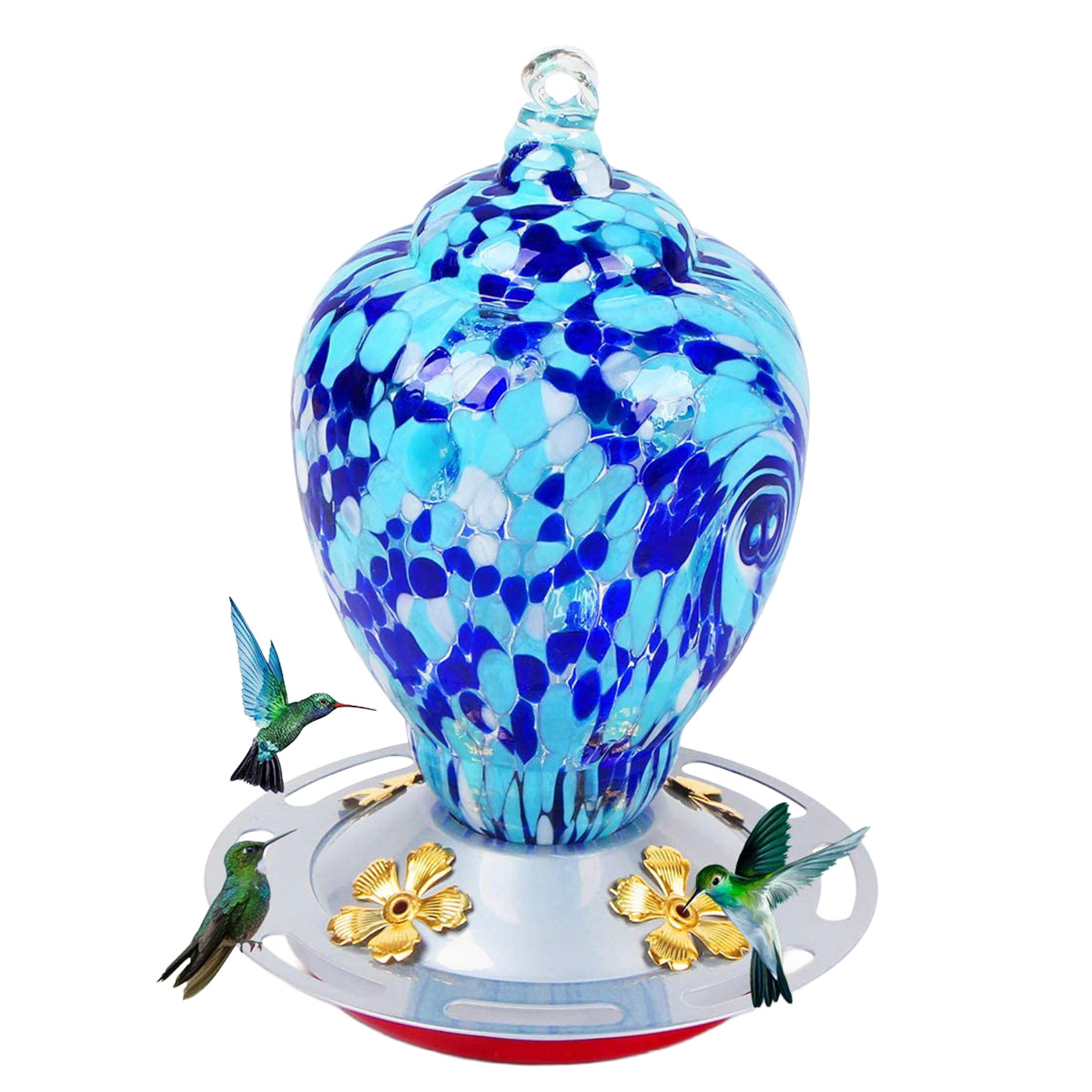 Hand Blown Glass Hummingbird Feeder Autioyea Blue Colors 28 oz.