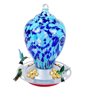 Hand Blown Glass Hummingbird Feeder Autioyea Blue Colors 28 oz.