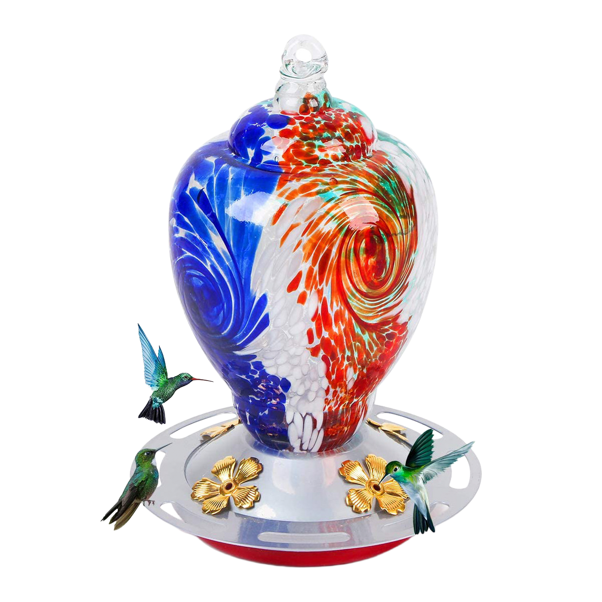 Hand Blown Glass Hummingbird Feeder Autioyea Tricolor 28 oz.
