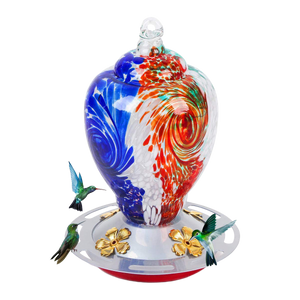 Hand Blown Glass Hummingbird Feeder Autioyea Tricolor 28 oz.