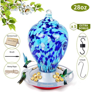 Alimentador de colibrí de vidrio soplado a mano Autioyea Blue Colors 28 oz.
