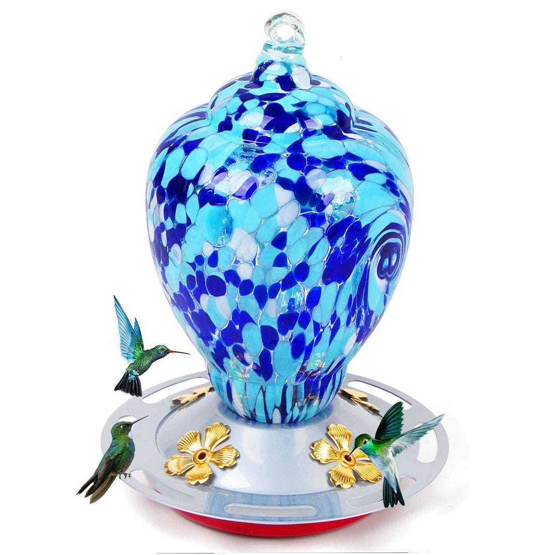 Hand Blown Glass Hummingbird Feeder Autioyea Blue Colors 28 oz.