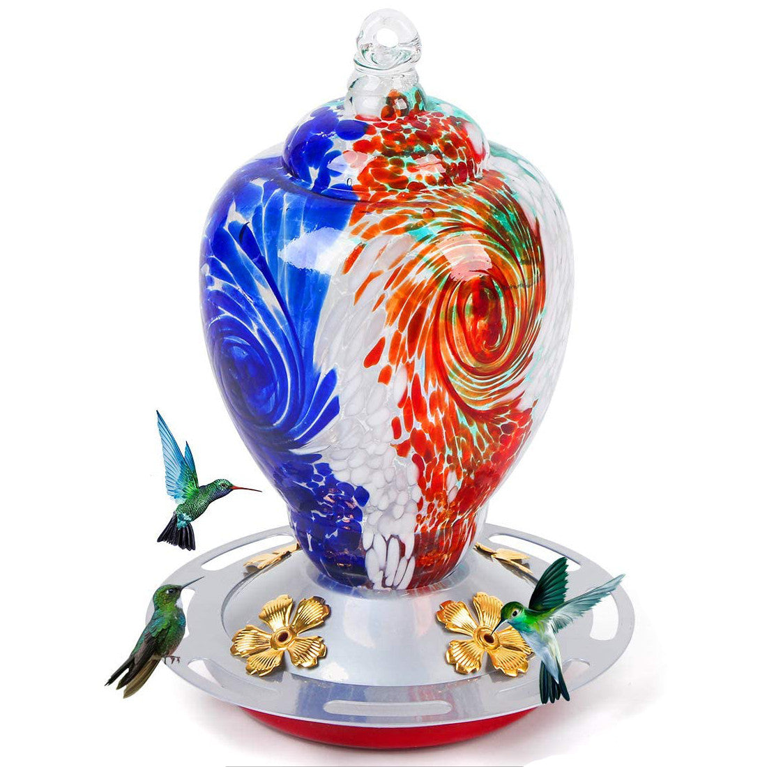 Hand Blown Glass Hummingbird Feeder Autioyea Tricolor 28 oz.