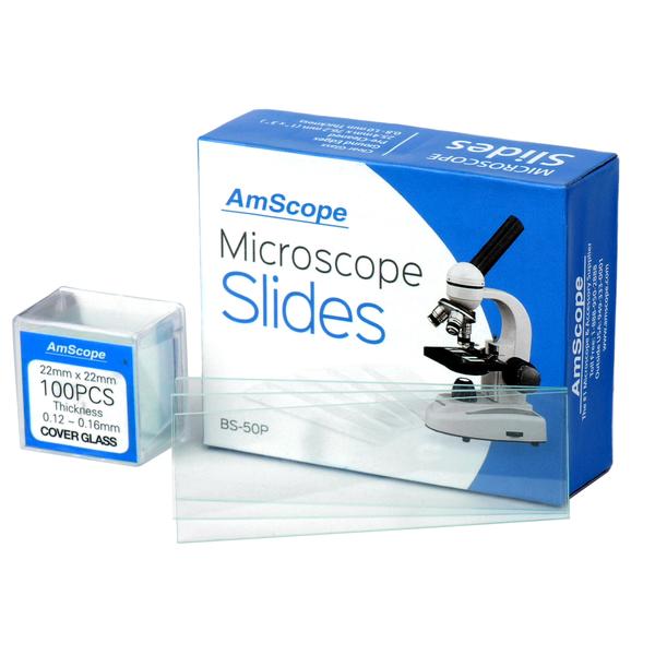 Portaobjetos de microscopio de vidrio esmerilado en blanco prelimpiado AmScope x 50 u y cubreobjetos cuadrado x 100 u